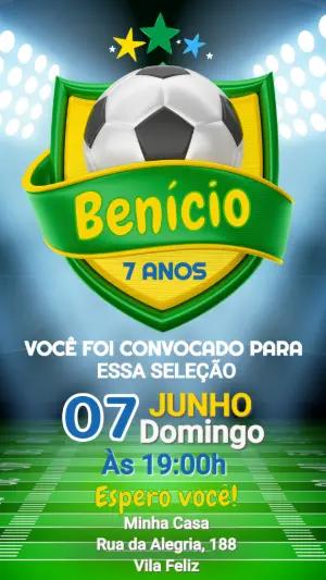 Convite de Aniversário Futebol Brasil Verde e Amarelo Editável