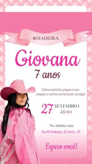 Convite Aniversário Boiadeira Rosa para Editar Online