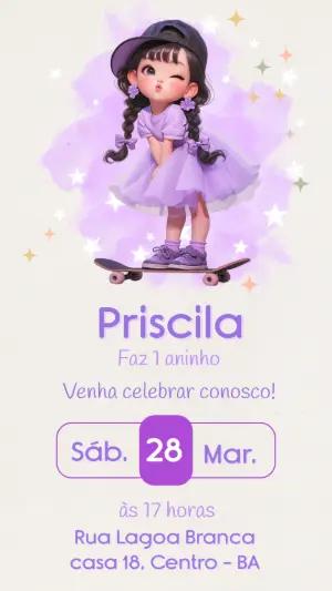 Convite de Aniversário Menina Skatista Lilás para Editar
