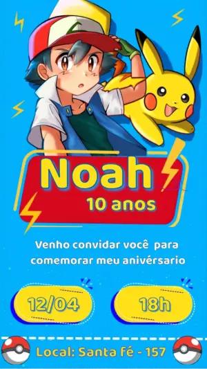 Convite de Aniversário Pokémon com Ash e Pikachu para Editar
