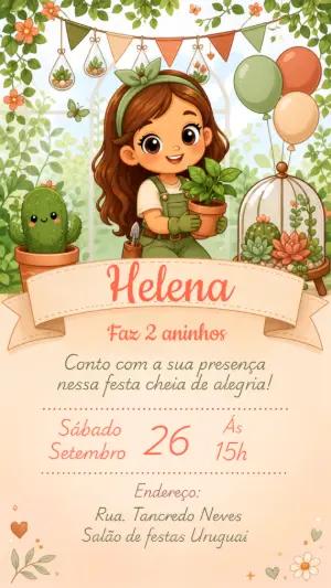 Convite Editável Aniversário Menina Tema Jardim e Cactos