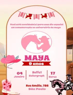 Convite Aniversário Boiadeira Rosa Editável Online