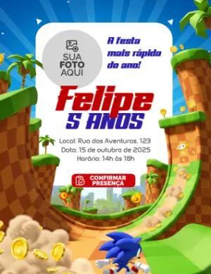 Convite de Aniversário Sonic com Foto para Editar Online