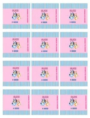 Adesivo para Bala Personalizada Bluey e Bingo Rosa e Azul para Editar