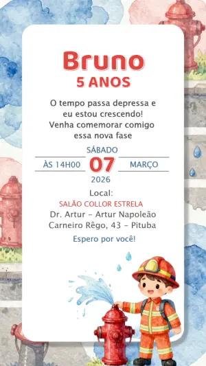 Convite de Aniversário Infantil Bombeiro Aquarela Editável