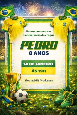 Convite de Aniversário Futebol Brasil Verde e Amarelo Editável