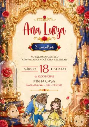 Convite de Aniversário A Bela e a Fera Encantado para Editar