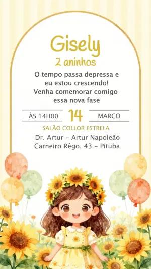 Convite de Aniversário Girassol Aquarela Modelo Editável