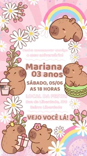 Convite de Aniversário Capivara Rosa Fofo para Editar