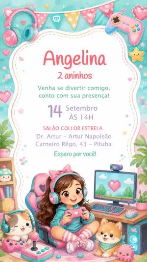 Convite Aniversário Gamer Menina Editável Estilo Aquarela