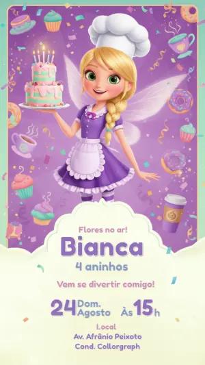 Convite de Aniversário Fada Confeiteira Roxo Editável