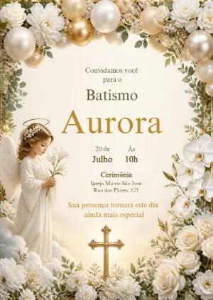 Convite Editável Batismo Menina Anjo com Flores Brancas