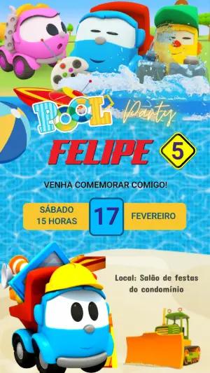 Convite Digital Festa na Piscina com Carrinhos Editável