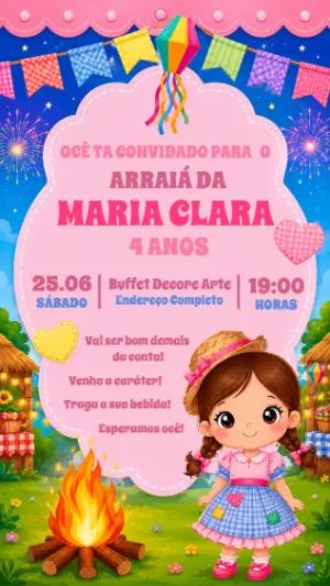 Convite Arraiá Infantil Menina para Editar e Enviar