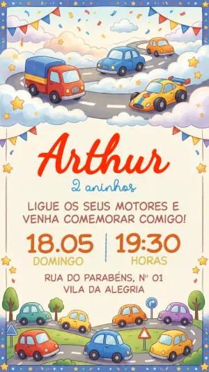 Convite de Aniversário Infantil Tema Carros Colorido Editável