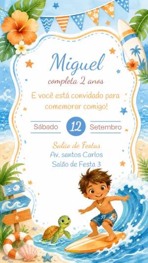 Convite de Aniversário Surfista Infantil para Editar Online