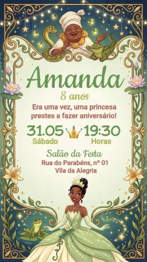 Convite de Aniversário Princesa e o Sapo Mágico Editável