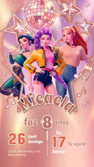 Convite de Aniversário Guerreiras do K-Pop Rosa para Editar