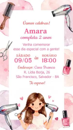Convite Aniversário Salão de Beleza Aquarela Rosa Editável