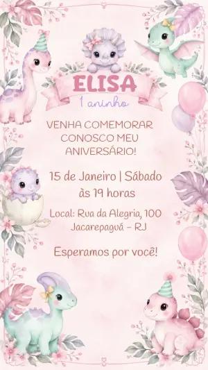 Convite de Aniversário Dinossauro Menina Aquarela Editável