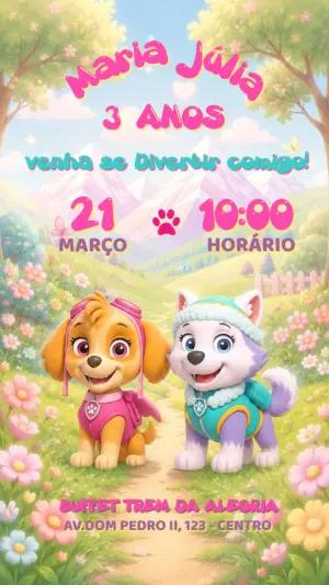 Convite Aniversário Patrulha Canina Menina Skye e Everest Editável