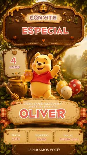 Convite de Aniversário Ursinho Pooh Rústico para Editar