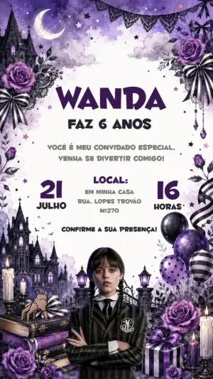 Convite de Aniversário Wandinha Addams Modelo Editável