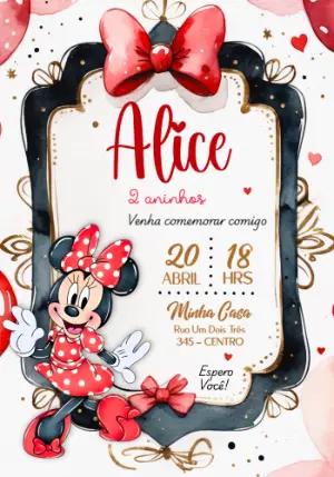 Convite de Aniversário Minnie Vermelha Aquarela Editável