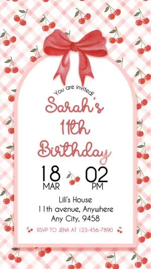 Editable Cherry Gingham Birthday Party Invitation