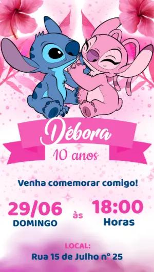 Convite de Aniversário Stitch e Angel para Editar Online