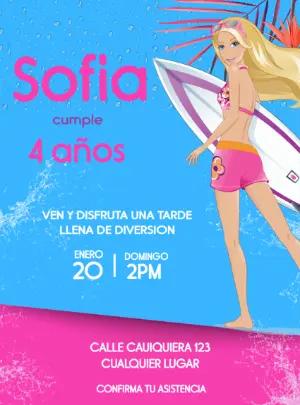 Invitación de Cumpleaños Barbie Surfista Modelo Editable