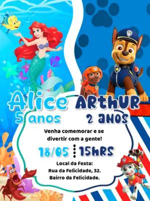 Convite Aniversário Duplo Ariel e Patrulha Canina para Editar