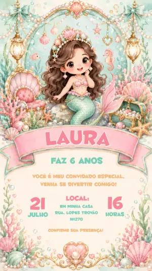 Convite de Aniversário Sereia Fofa em Aquarela para Editar