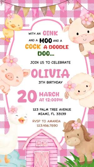 Cute Farm Animals Birthday Invitation for Girls | Editable Template