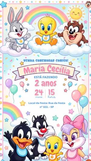 Convite de Aniversário Baby Looney Tunes Fofo para Editar