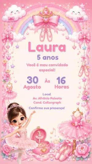Convite de Aniversário Bailarina Rosa Modelo Editável
