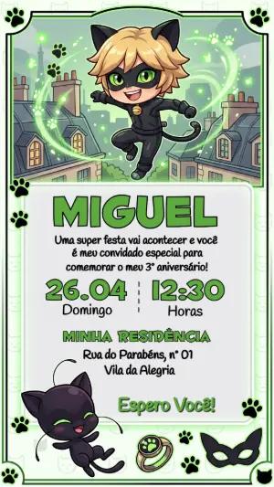 Convite de Aniversário Cat Noir Chibi Editável para Festa