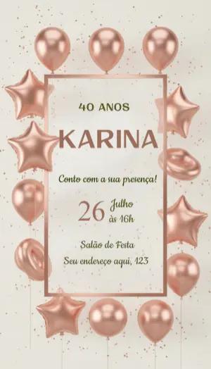 Convite de Aniversário 40 Anos Rose Gold Elegante para Editar