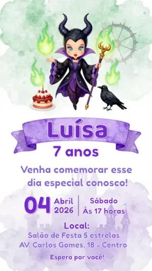 Convite de Aniversário Malévola Fofa Aquarela para Editar