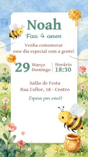 Convite de Aniversário Abelhinha Aquarela para Editar Online