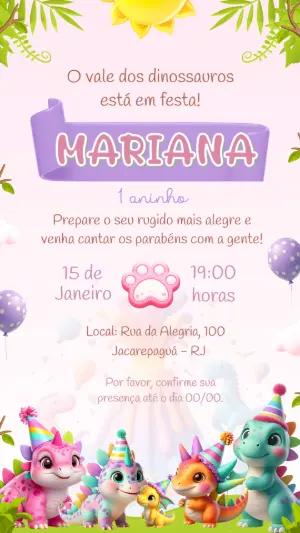 Convite de Aniversário Dinossauro Menina | Modelo Editável