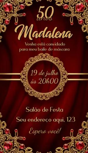 Convite de Aniversário 50 Anos Baile de Máscara Editável