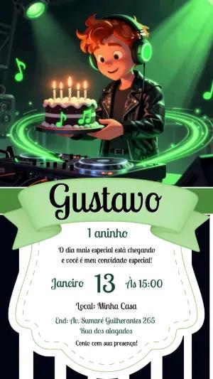 Convite de Aniversário DJ Verde Neon Editável para Menino