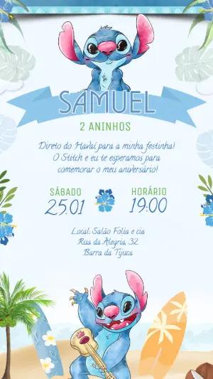 Convite de Aniversário Stitch Havaiano Editável