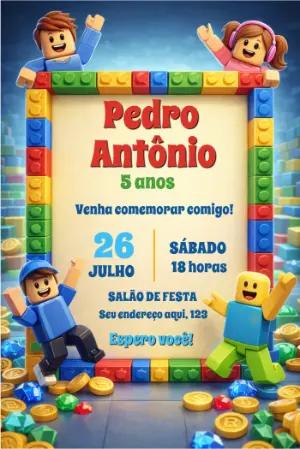 Convite de Aniversário Blocos de Montar Colorido para Editar