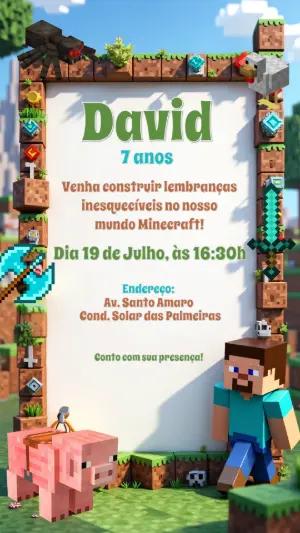 Convite de Aniversário Minecraft com Personagens para Editar Online