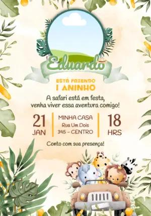 Convite de Aniversário Safari Aquarela com Foto para Editar