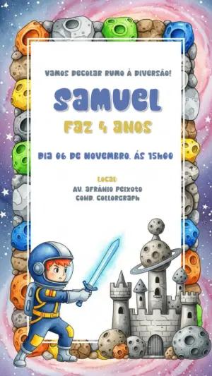 Convite Aniversário Astronauta com Castelo Espacial para Editar