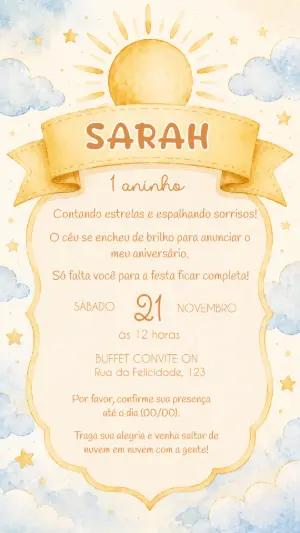 Convite de Aniversário Infantil Sol e Nuvens Editável