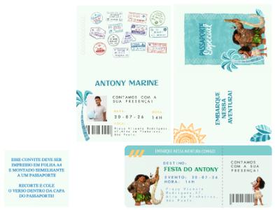 Convite de Aniversário Moana em Formato Passaporte Editável